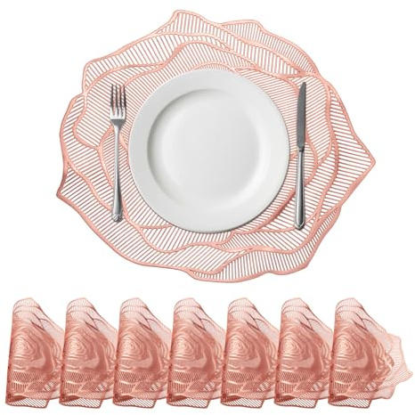 QUARKZMAN Set De 8 sous-Assiettes Ronds Rose Or Rose pour Tables À Dîner | Floraux, 15 x 15/38 x 38cm, Sous-Assiettes En Polyvinyle Métallique Lavables Pour ornementation De Table