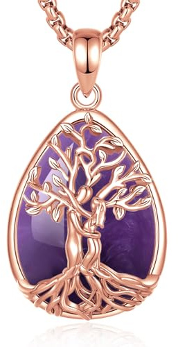INFUSEU Collar Arbol De La Vida 18K Oro Rose Colgante Árbol De La Vida Forma de Lágrima Amatista Piedras Protectoras Cristal Amuletos Proteccion Joyas Personalizado Regalo para Mujeres