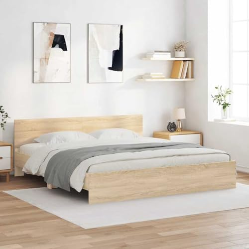 Yunovire Bettgestell mit Kopfteil Sonoma-Eiche 200x200 cm, Robustes Holzwerkstoff-Plattform-Bett für Schlafzimmer, modernes Design, stabile Latten