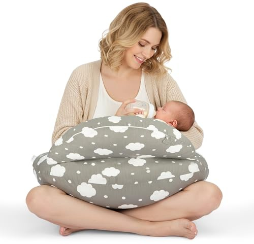 Supernic Breastfeeding Pillow for Mom and Baby - Nursing Pillow with Adjustable Waist Strap, Safety Fence & 100% Cotton Removable Cover - Ergonomic Support for Feeding, Tummy Time (Grey)