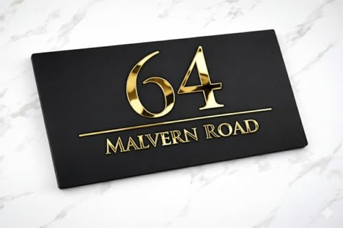 Mr Plaques Bellissima H3 A4 Floating House Sign Personalized Acrylic Door Plaque Modern Address Sign Custom Name Number House Plate Weatherproof Outdoor with Fixing Kit (Matt Black & Gold Mirror)