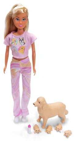Simba Steffi Love Welcome Puppies – Modepuppe mit trächtiger Hundemama und 2-4 Welpen, inkl. Hundekorb und Zubehör, Puppen-Set für Kinder, 29 cm, ab 3 Jahren