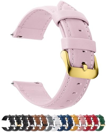 Fullmosa 18mm Bracelet en Cuir Véritable pour Montre Connectée | Bracelet de Remplacement Universel pour Homme et Femme, Rose sable+boucle dorée,18mm