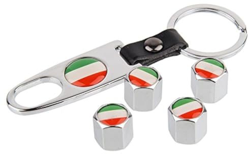 EXFEA Ventilkappen Set Italien Chrom inkl. Schlüsselanhänger - Universell für Auto, Motorrad, Fahrrad - Metall - Sechseckig - Reifenventilkappe