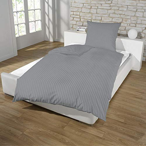 Dreamhome Hotel Damast Streifen Bettwäsche 135x200 + 80x80 Kissenbezug Bettbezug für Bettdecke Steppdecke mit Baumwolle, Farbe:Grau, Größe:REIßVERSCHLUSS