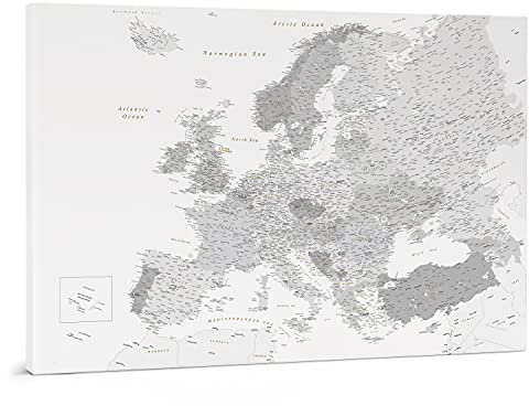 Trip map Europäische Kontinent Karte - Leinwand Karte Pinnwand mit Pins - Detailliert Europakarte Kork Zum Markieren - Kunstdruck auf Echtholz Keilrahmen - 3 Größen zur Auswahl - Grau & Weiß
