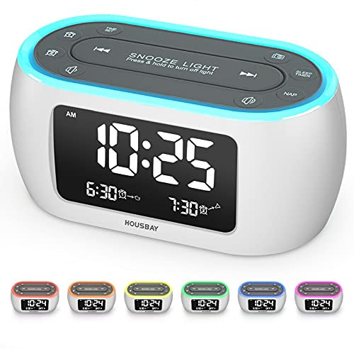 HOUSBAY Glow Small Alarm Clock Radio for Bedrooms with 7 Color Night Light, Dual Alarm, Dimmer, USB Charger, Battery Backup, Nap Timer, FM Radio with Auto-Off Timer for Bedside(White)