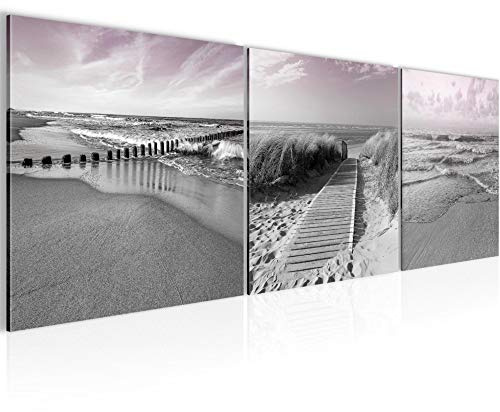Runa Art Bilder Strand 3 Teilig Bild auf Vlies Leinwand Deko Schlafzimmer Wohnzimmer 90 x 30 cm Küste Grau Rosa 028034b