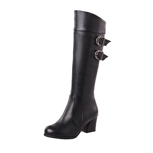 Stivali Donna Fiocco Zip Laterale Rotondo Ginocchio Tacco Quadrato Nudo Stivaletti Casual a Tubo Lungo (38,Nero)