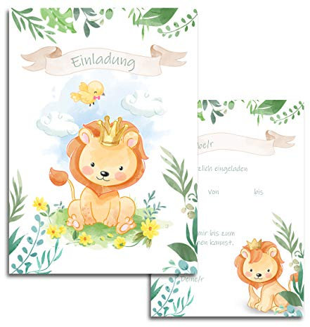 10x Kinder Einladungskarten Kindergeburtstag Löwe Mädchen Jungen 10x15 cm Party Geburtstag Taufe Einladung Prinz Dschungel Tiere Grün Beige