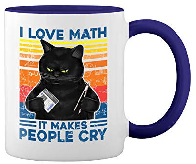 Vintage Cat Love Math It Makes People Cry Weiße Tasse Mug mit blauem Felgen und Griff