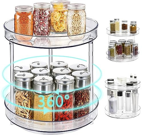 Drehteller Organizer für Küchenschrank, Gewürzregal stehend für Gewürze, Obst, Snacks, Gewürzständer für Schrank, Speisekammer, Badezimmer, Kosmetik (BPA frei, 23.5cm, 2 Ablagen, transparent)