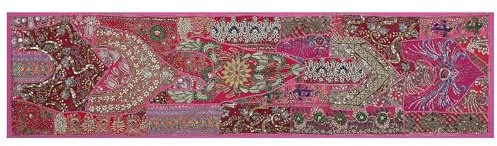 Ethnische Baumwolle dekorativer indischer Esstisch Kunst Tisch Patchwork Perlen bestickt Zimmer Handarbeit Dekor Tuch Tischläufer Fuchsia 40,6 x 152,4 cm