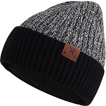 ZASFOU - Berretto invernale unisex foderato in pile, cuffia lavorata a maglia calda, con teschio, con risvolto, nero/bianco, Taglia unica