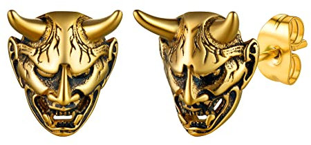 U7 Ohrringe Creolen Gold Damen Japanische Dämonen Prajna Maske Ohrringe für Männer Hannya Maske Ohrstecker Gold Gotik Punk Horn Schädel Ohrstecker Ohr Piercing Modeschmuck für Geburtstag