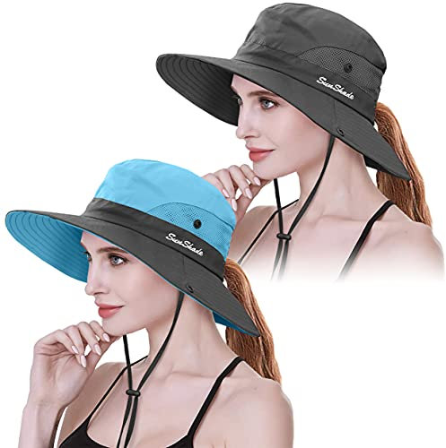 IYEBRAO 2 Stück Pferdeschwanz Sonnenhut Damen-UV Schutz Breite Krempe Sommerhut mit Nackenschnur-Sonnenschutzhut Strandhut Fischerhut Anglerhut Gartenhut Wanderhut Outdoor Hut (Blau+Grau, 2 Stück)