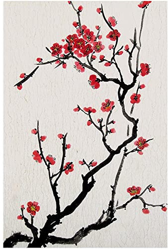 Kunstdruck auf Leinwand, Motiv: rote Kirschblüten, Kunstdruck, Blume, Tinte, modernes Bild, ungerahmt für Wohnzimmer, Esszimmer, Schlafzimmer, Badezimmer, Heimdekoration, 61 x 91 cm
