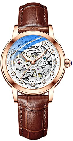 rorios Damen Uhren Wasserdicht Mechanische Automatikuhr mit Lederarmband Skeleton Tourbillon Uhren Mode Leuchtendes Uhren für Mädchen Frauen(Braun)