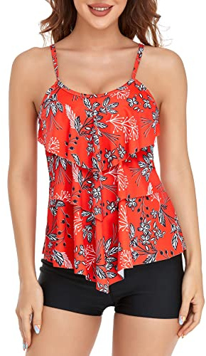 FLYILY Maillot de Bain 2 Pièces Femme Tankini Ensembles à Volants Maillot Haut Imprimé avec Short de Garçon Maillots de Bain Grande Taille(FloralRed,XL)
