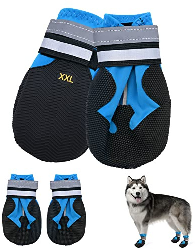 Hundeschuhe,4 STK wasserdichte Hundeschuhe mit reflektierenden Riemen Anti-Rutsch-Sohle Outdoor Pfotenschützer Hundeschuhe für kleine mittelgroße Hunde Winter,Blau (XXL)