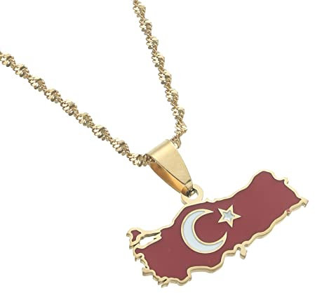 Ckieosh Karte Halskette Anhänger - Trendy Vintage Türkei Karte Flagge Halskette Anhänger Damen Unisex Türkische Emaille Mode Jubiläum Souvenir Schmuck,Gelb