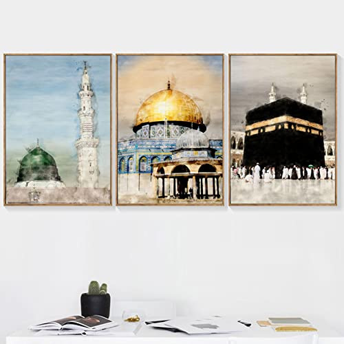 TANYANG Muslimische Bilder Masjid Al Aqsa Und Felsendom Wandkunst Poster Realistische Moschee 3-Teilige Leinwand Kunstdrucke Für Wohnzimmer Wanddekoration 50Cmx70Cm Kein Rahmen