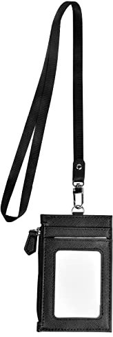 Ausweishülle Kartenhülle mit Schlüsselband ID Kartenhalter PU Leder Karabiner-Ausweishalter Identifikation Karten Hülle Namensschild Vertikaler Ausweisinhaber Kreditkartenetui für 5+ Karten, Schwarz