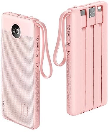 VRURC Batterie Externe 10000mAh Câble intégré Power Bank USB C 2.4A et 5 Sorties Ultra Mince Batterie Portable avec l’Ecran LED pour iPhone,Samsung,Huawei Veste Chauffante