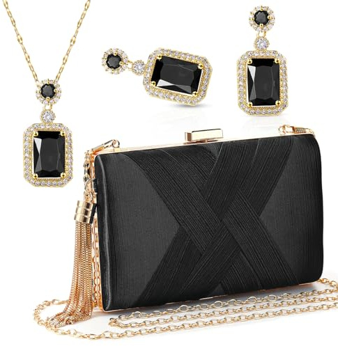 Jadive 3 Stück Clutch Geldbörse Set für Damen Handtasche Abendtasche für Hochzeit Vintage Bankett Handtasche Ohrringe Halskette Schmuck Set (Schwarz)