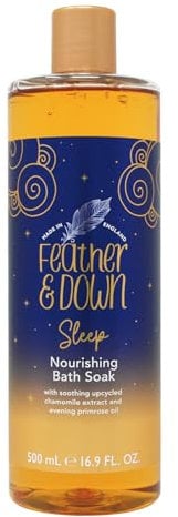 Feather & Down Pflegender Badezusatz (500ml) – mit wohltuendem aufbereitetem Kamillenextrakt und Nachtkerzenöl. Pflegen Sie Ihren Körper und beruhigen Sie Ihren Geist. Ohne Tierversuche. Vegan.