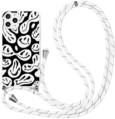 ZhuoFan Handykette für iPhone 14 Pro Hülle mit Band, Aesthetic Smiley Muster Verstellbarer Halskette Handyhülle mit Kordel zum umhängen, Weiss Silikon Stoßfest Schutzhülle mit Kette