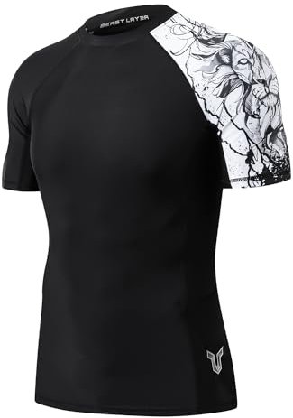 HUGE SPORTS Men's Rash Vest Quick Dry Sun Protection Short-Sleeve Swim Shirt for Snorkeling Surfing Diving Rash Guard BJJ Jiu Jitsu (Black Lion,L)