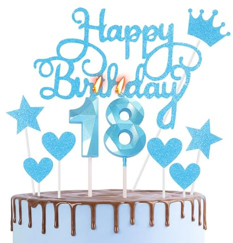 HONGCI Happy 18th Birthday Cake Topper & Birthday Candles Blue Number 18 Candles for Birthday Cake - 18th Birthday Candles Cake Cupcake Topper Birthday Cake Decorations for Boys Birthday Blue