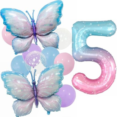 Kiwochy Gradient Pink Schmetterling Ballons 5. Geburtstag Dekoration Mädchen Deko 5 Jahre Party Set Riesige Bunte Folie Ballon für Schmetterling Party Supplies