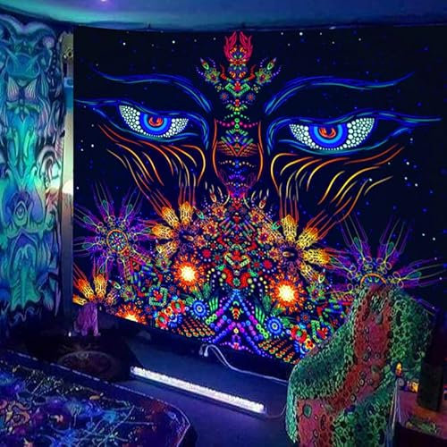 Ulticool – Augen Blumen Meditation - Glow in the Dark Wandteppich - Schwarzlicht under UV Reaktive Bright Black Neon Light - Blacklight Psychedelisch Wandtuch - 200 x 150 cm