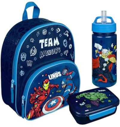 Kindergartenrucksack Marvel Avengers Jungen - Personalisiert mit Name - Set Kinderrucksack mit Trinkflasche und Brotdose