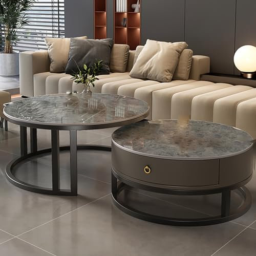 Couchtisch Rund 2er Set,Wohnzimmertisch,Beistelltisch,Wohnzimmertisch mit 1 Stauräume,Wohnzimmer Tisch für Couch,Weiß Marmor Couchtisch mit Schwarz Metallgestell,für Wohnzimmer/Büro(Gray+black gray,70