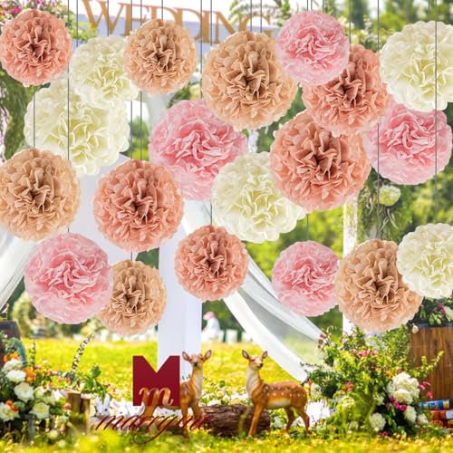 Hochzeitsdeko, Pompons Deko 20 Stück, Party Deko Bunt, Pompons Papierfächer - Rose Blush Pink Beige, für Geburtstagsdeko, Hochzeit Deko, Deko Party, Tischdeko Hochzeit, Party Deko Gartenparty