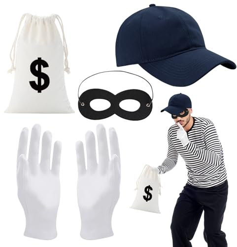 Dieb Kostüm Set, Bankräuber Kostüm Accessoire, Räuber Kostüm Set, Einbrecher Kostüm, Dieb Mask, Cap, Handschuhe, Geldsack, Panzerknacker Kostüm, Karneval Kostüm Faschingskostüme Erwachsene Kinder