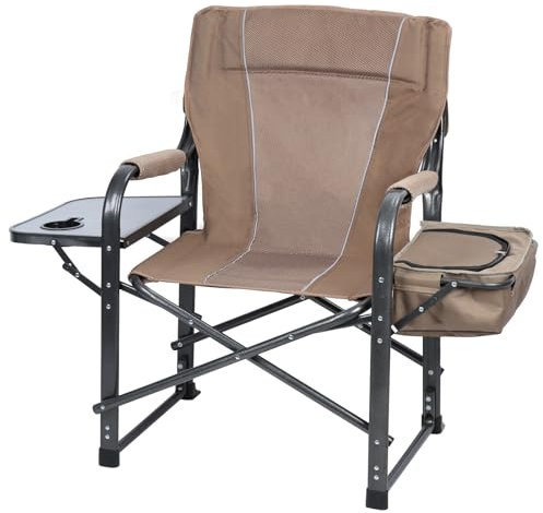 Yokawe Angelstuhl mit Rutenhalter, 50 cm x 65 cm x 95 cm, Regiestuhl mit Kühltasche und Getränkehalter, zusammenklappbarer Eis-Campingstuhl zum Angeln, Rasen, Terrasse, Garten, Braun