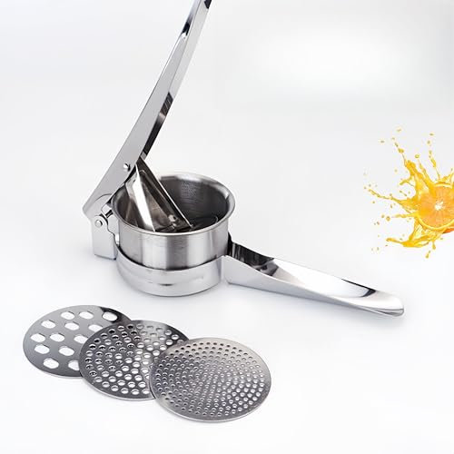 Potato Ricer Masher with 3 Interchangeable Discs, Food Grade Stainless Steel Potato Ricer Press, Multifunctional Ricer for Mashed Potatoes, Puree Fruit & Vegetables