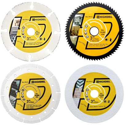 HIGHDRIL Kreissägeblatt Satz 75mm x Arbor 10mm 4 Stk - Diamant/HSS/Hartmetall Trennscheibe zum Schneiden von Metall Kupfer Aluminium Kunststoff Holz Glas