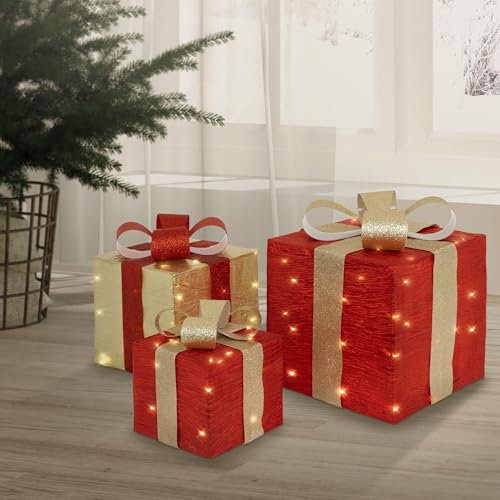ECD Germany Set Decorativo de 3 Cajas de Regalo Navideño con Luces 90 Leds Rojo-Dorado con Nieve, Figura de Iluminación para Árbol de Navidad Blanco Cálido con Temporizador Decoración con Pilas