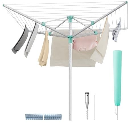 SONGMICS Wäschespinne, Wäscheständer, höhenverstellbar, 50 m Wäscheleine, für 5 Waschmaschinenladungen, Outdoor, Garten, mit Bodenhülse, Wäscheklammern, silbern-grün LLR301E01