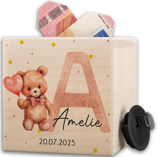 Spardose - Holzspardose Initialen Bär mit Name und Datum I Geldgeschenk Sparbüchse Holz Mädchen I Anfangsbuchstabe Geschenk Taschengeld zur Geburt - 10x10cm - Holz - Buchstaben