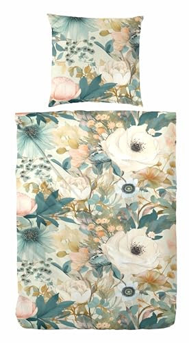 Primera Mako-Satin Bettwäsche 155x220 Blüten Rosen weiß Creme Petrol 243230-51
