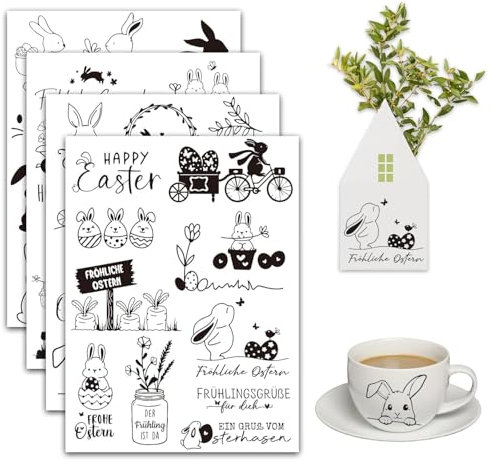 QZKJQDD 4 Stück Rub On Sticker Ostern, Transferaufkleber, Ostereier Osterhasen Aufkleber, Rub Ons Ostern Frühling, für Möbel, Glas, DIY Basteln Deko