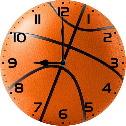 Geroclonup Basketball-Wanduhr, Sportschild, 25 cm, rund, leise, nicht tickend, aus Holz, batteriebetrieben, leicht zu lesen, dekorative Wanduhr für Schlafzimmer, Wohnzimmer, Männerhöhle