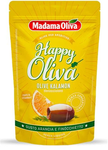 Madama Oliva Olive Kalamon Denocciolate 80g, Varietà Kalamon, Gusto Arancia e Finocchietto, Lavorazione Naturale, Senza Conservanti, Atmosfera Protettiva, Pratiche Bustine Easy Open