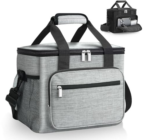 Waflyer Insulated Lunch Bag, 15L Cooler Bag, Thermal Lunch Box, Leakproof Cool Bag with Adjustable Shoulder Strap, Lunch Tote Bag, Soft Cooler for Lunch/Work/School/Beach/Picnic/Travel, Grey